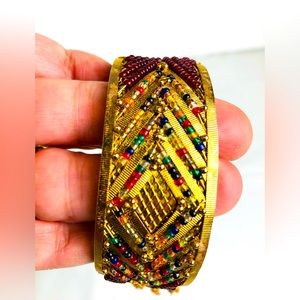 Hinged Metal Bracelet Cuff Gold Tone Colour Beads Costume Jewelry